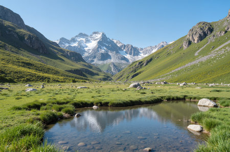 Mountain landscape with lake and snow-capped peaks in the backgroundの素材