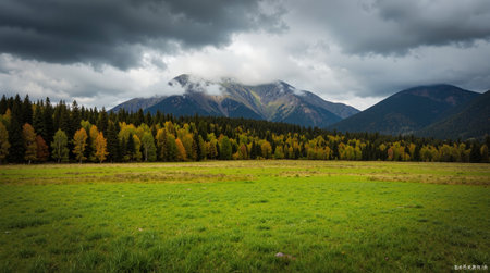 panoramic view of alpine meadow and mountains under cloudy skyの素材