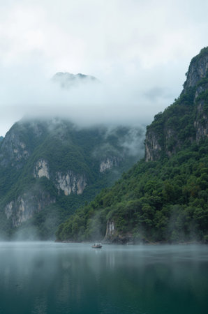 Landscape of foggy and misty mountain lake in China.の素材