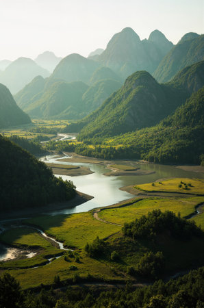 Mountain landscape with river and valley in the morning, China.の素材