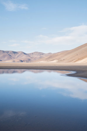 Reflection of mountains and blue sky in Pangong Lake, Ladakh, Indiaの素材