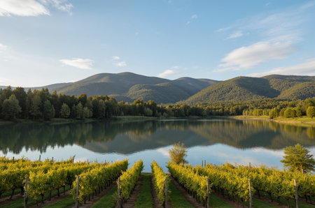 Vineyards along the shore of a lake in the mountains.の素材