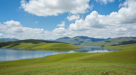 Landscape of grassland and lake with blue sky, China.の素材