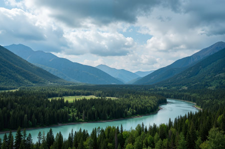 Beautiful mountain landscape with lake and forest in summer, Siberia, Russiaの素材