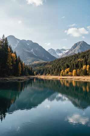 Autumn alpine landscape with lake and mountains reflection in lake.の素材