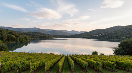 panoramic view of a vineyard with a lake and mountains in the backgroundの素材