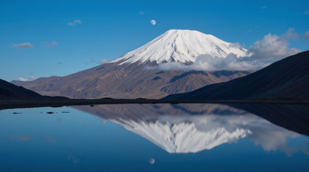 Beautiful landscape of grassland and mountain lake under blue sky with cloudsの素材