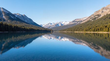 Panoramic view of a misty lake in the mountains.の素材