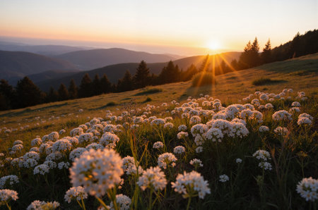 Sunset on the mountain meadow with white flowers in the foregroundの素材