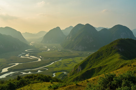 Mountain landscape at sunset in Guilin, Guangxi, Chinaの素材