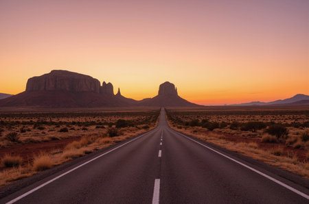 Road in Monument Valley at sunset, Arizona, United States of Americaの素材