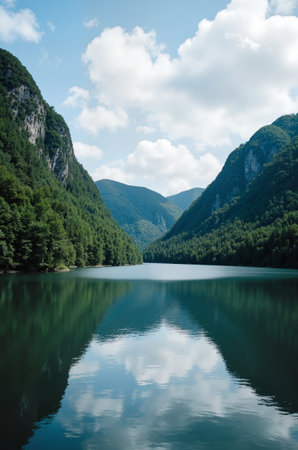 Lake in the mountains. Beautiful summer landscape with lake and forest.の素材