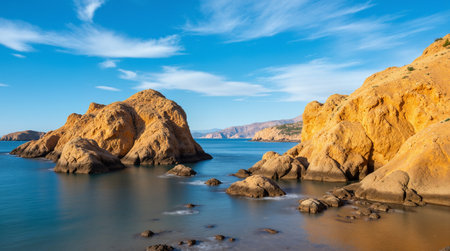 Beautiful seascape with rocks and blue sky in Algarve, Portugalの素材