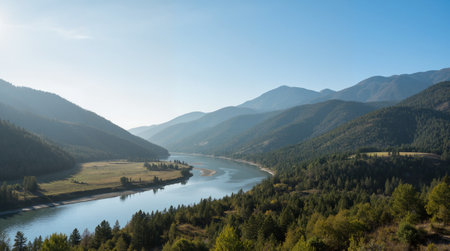 Panoramic view of the river in the Altai mountains.の素材