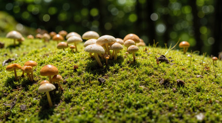 Mushrooms growing on a green moss in a forest in autumnの素材