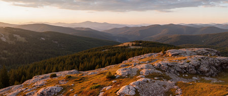 Panoramic view of the Carpathian mountains at sunset.の素材