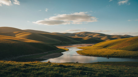 Beautiful landscape of grassland and lake at sunset. Toned.の素材