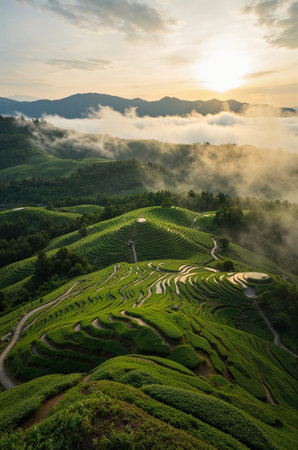 Tea Plantation at Sunrise in the Cameron Highlands, Malaysia. The tea plantation is one of the most important tourist attractions in Malaysia.の素材