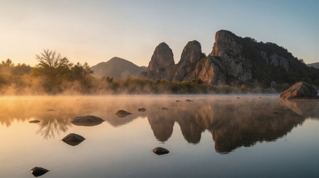 Landscape view of a misty lake at sunrise with rock formationsの素材