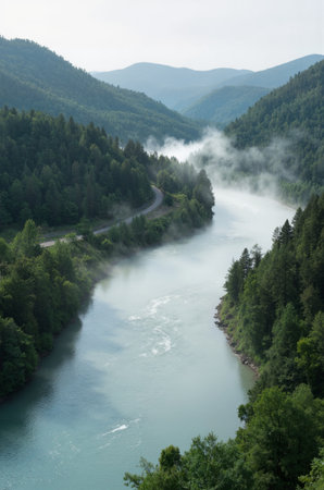 Foggy mountain landscape with river in Carpathian mountains, Ukraineの素材