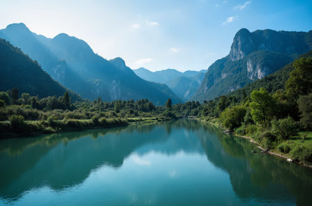 Lake in the mountains. Landscape of the river and mountains.の素材