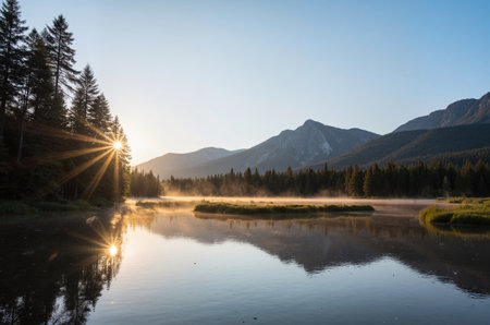 Sunrise on the lake in Banff National Park, Alberta, Canadaの素材