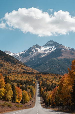 Asphalt road in the autumn alpine forest and snow capped mountainsの素材