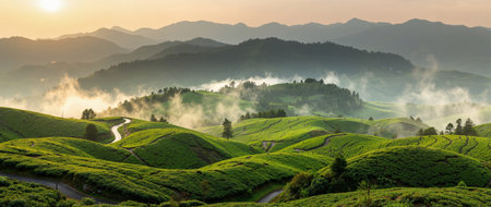 Tea Plantation at Sunrise in Munnar, Kerala, South Indiaの素材