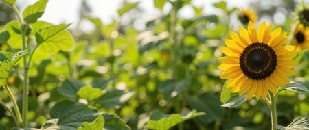 Sunflower field. Sunflower blooming in the field. Sunflower oil improves skin health and promote cell regeneration.の素材