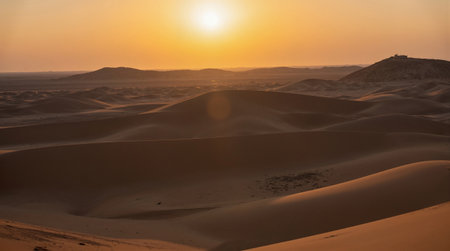 Sunset over the sand dunes in the Sahara desert, Moroccoの素材