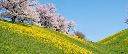 Cherry blossoms in full bloom on a hillside in springの素材