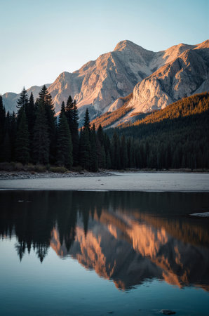 Mountains reflected in a lake at sunrise, Canadian Rockies, Alberta, Canadaの素材