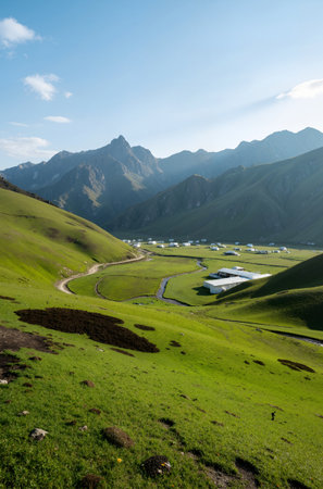 Mountain landscape with green grass and blue sky, Kyrgyzstanの素材
