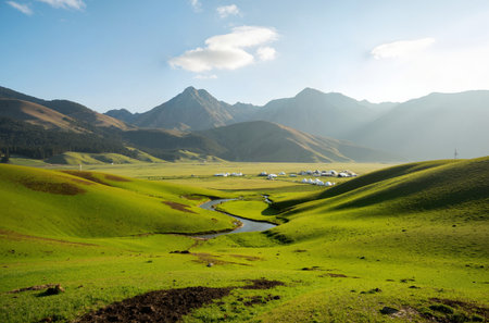 Beautiful landscape of grassland and mountains in Tibet, China.の素材