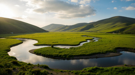 Mountain landscape with a small river in the grassland of Mongoliaの素材