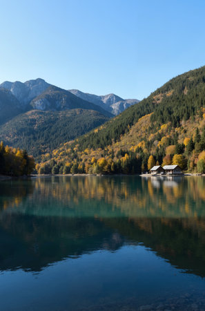 Mountain lake in autumn, Sichuan Province, China.の素材