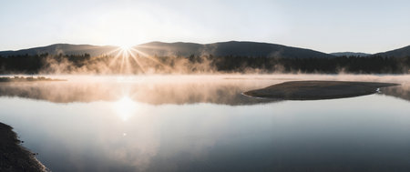 Panoramic view of a foggy lake at sunrise in the mountainsの素材