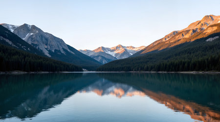 Mountains reflected in a calm lake, Jasper National Park, Alberta, Canadaの素材