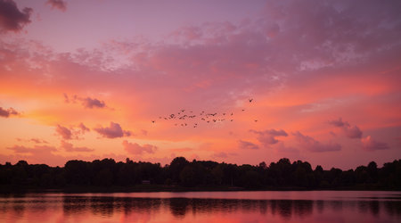 Flock of geese flying over the lake at sunset in summerの素材