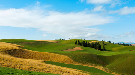 Tuscany landscape with rolling hills, cypresses and blue skyの素材