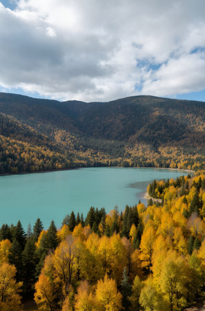 Autumn landscape with blue lake and yellow trees in Altai mountainsの素材