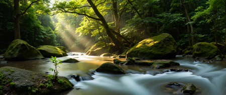 Stream flowing through a green forest, long exposure, panoramic viewの素材