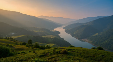 Sunset over the lake in the Carpathian mountains, Ukraineの素材