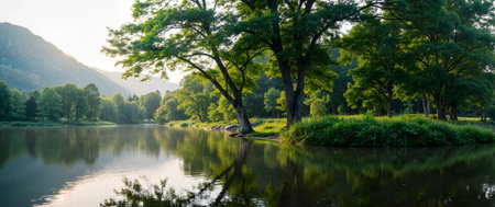 Panoramic view of the lake and forest in the morning.の素材