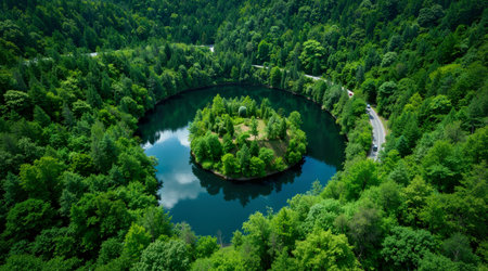Aerial view of small lake in forest. Top view of a small lake in the forest.の素材