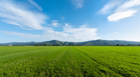 Landscape of green grass field and blue sky with white clouds.の素材