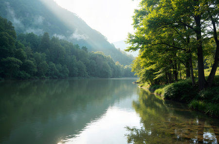 Beautiful summer landscape with river and forest in misty morning.の素材