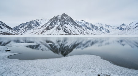 Beautiful winter landscape with snow-capped mountains reflected in the lakeの素材