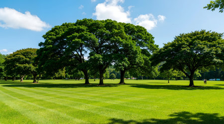 Green lawn and trees in the park with blue sky and white cloudsの素材