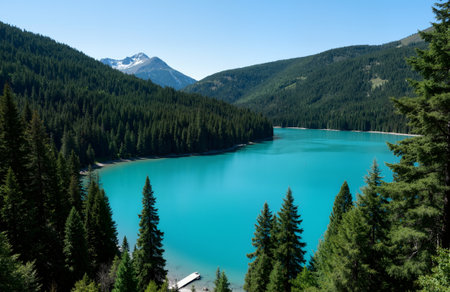 Beautiful turquoise lake in the mountains with coniferous forestの素材